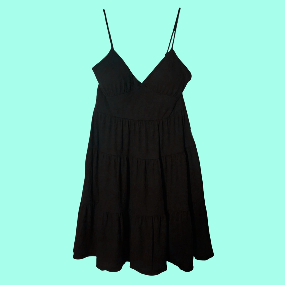 Fun & Comfy Ribbed Black Strappy Tiered Mini Dress